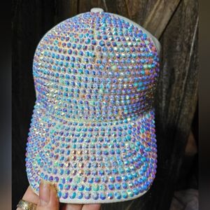 NWT White And Silver AB Rhinestone Trucker Baseball Cap